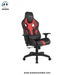 صندلی گیمینگ مشکی با طراحی قرمز رنگ و پایه های چرخ دار